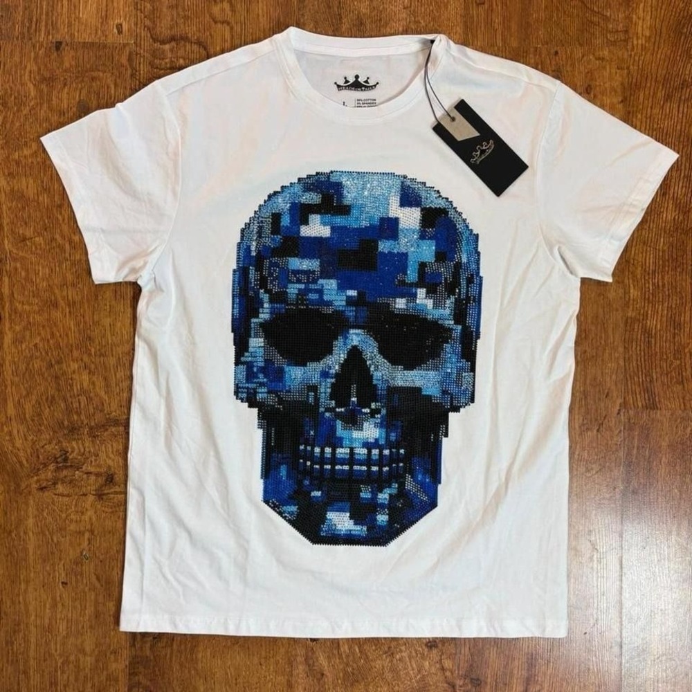 Heads Or Tailsโ Mens Pixelated Skull Rhinestone Graphic Tee White Blue Large NWT